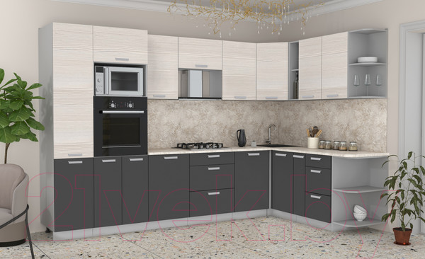 Изображение товара Кухонный гарнитур Интерлиния Мила Лайт 1.88x3.2 правая (вудлайн кремовый/антрацит/опал светлый)