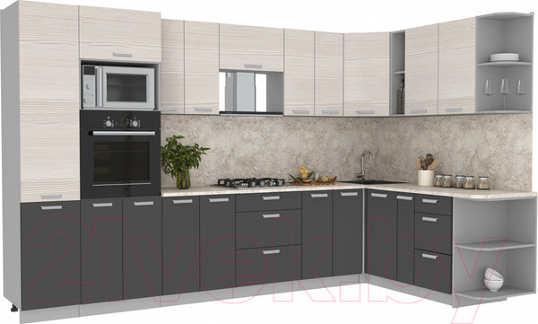 Изображение товара Кухонный гарнитур Интерлиния Мила Лайт 1.88x3.4 правая (вудлайн кремовый/антрацит/опал светлый)