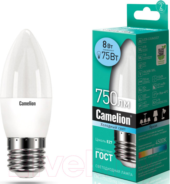 Изображение товара Лампа Camelion LED8-C35/845/E27 / 12390