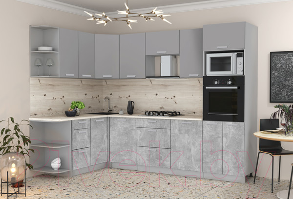 Изображение товара Кухонный гарнитур Интерлиния Мила Лайт 1.68x2.8 левая (серебристый/бетон/бискайская сосна)