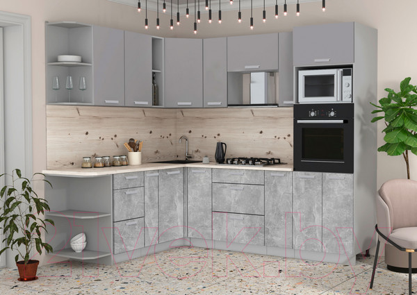 Изображение товара Кухонный гарнитур Интерлиния Мила Лайт 1.88x2.4 левая (серебристый/бетон/бискайская сосна)