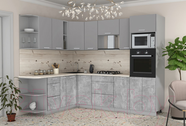 Изображение товара Кухонный гарнитур Интерлиния Мила Лайт 1.88x2.6 левая (серебристый/бетон/бискайская сосна)