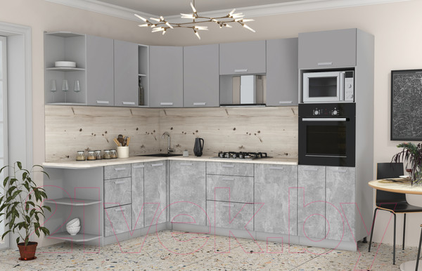 Изображение товара Кухонный гарнитур Интерлиния Мила Лайт 1.88x2.8 левая (серебристый/бетон/бискайская сосна)