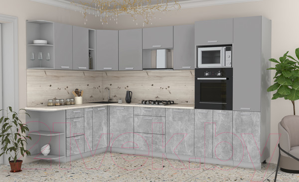 Изображение товара Кухонный гарнитур Интерлиния Мила Лайт 1.88x3.2 левая (серебристый/бетон/бискайская сосна)