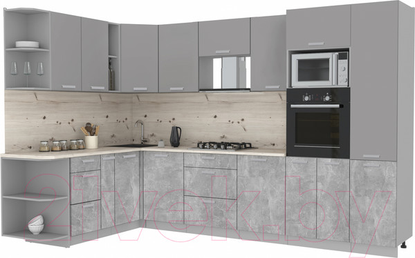 Изображение товара Кухонный гарнитур Интерлиния Мила Лайт 1.88x3.2 левая (серебристый/бетон/бискайская сосна)