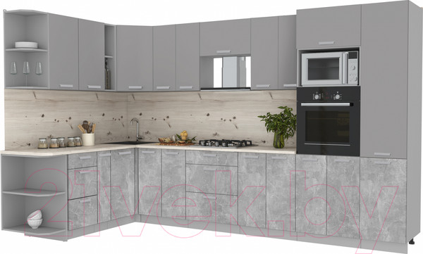 Изображение товара Кухонный гарнитур Интерлиния Мила Лайт 1.88x3.4 левая (серебристый/бетон/бискайская сосна)