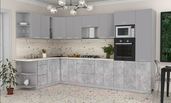 Изображение товара Кухонный гарнитур Интерлиния Мила Лайт 1.88x3.4 левая (серебристый/бетон/бискайская сосна)