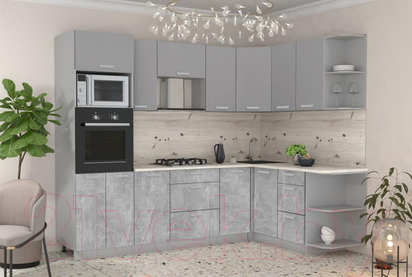 Изображение товара Кухонный гарнитур Интерлиния Мила Лайт 1.68x2.6 правая (серебристый/бетон/бискайская сосна)