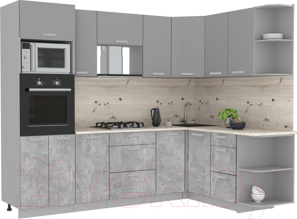 Изображение товара Кухонный гарнитур Интерлиния Мила Лайт 1.68x2.6 правая (серебристый/бетон/бискайская сосна)