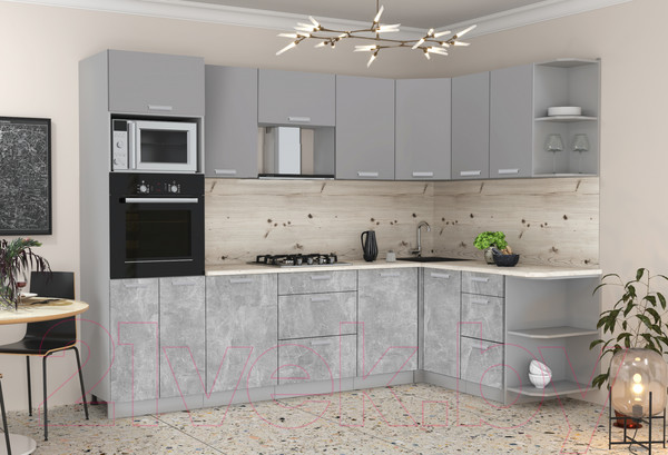 Изображение товара Кухонный гарнитур Интерлиния Мила Лайт 1.68x2.8 правая (серебристый/бетон/бискайская сосна)