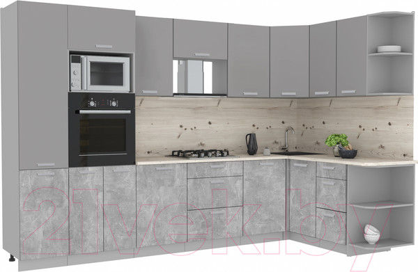 Изображение товара Кухонный гарнитур Интерлиния Мила Лайт 1.68x3.2 правая (серебристый/бетон/бискайская сосна)