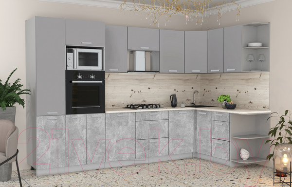 Изображение товара Кухонный гарнитур Интерлиния Мила Лайт 1.68x3.2 правая (серебристый/бетон/бискайская сосна)