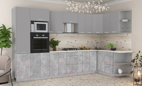 Изображение товара Кухонный гарнитур Интерлиния Мила Лайт 1.68x3.4 правая (серебристый/бетон/бискайская сосна)