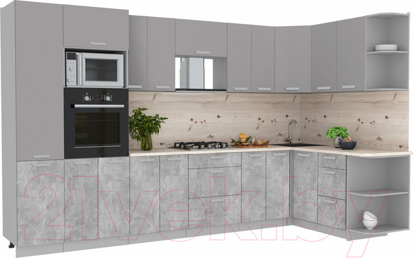 Изображение товара Кухонный гарнитур Интерлиния Мила Лайт 1.68x3.4 правая (серебристый/бетон/бискайская сосна)