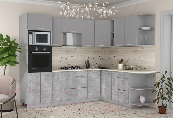 Изображение товара Кухонный гарнитур Интерлиния Мила Лайт 1.88x2.6 правая (серебристый/бетон/бискайская сосна)