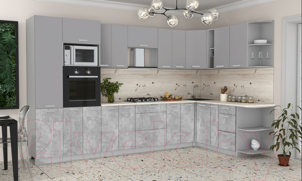 Изображение товара Кухонный гарнитур Интерлиния Мила Лайт 1.88x3.4 правая (серебристый/бетон/бискайская сосна)