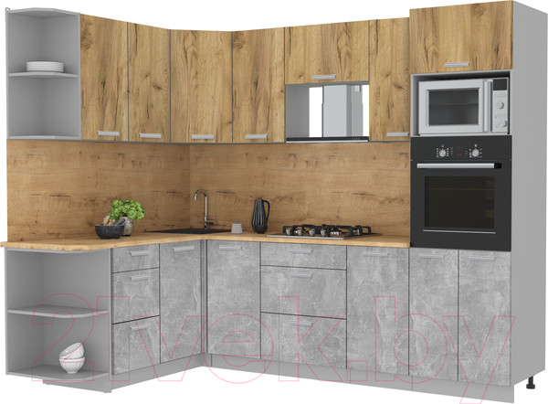 Изображение товара Кухонный гарнитур Интерлиния Мила Лайт 1.68x2.6 левая (дуб золотой/бетон/дуб бунратти)