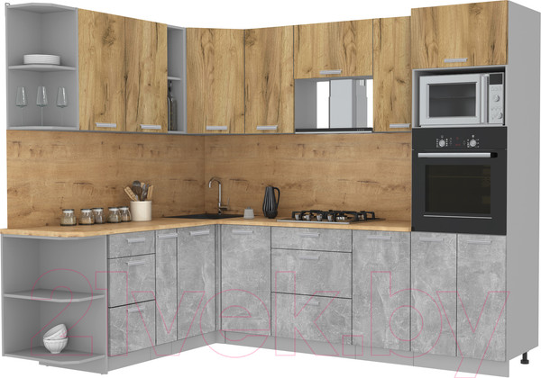 Изображение товара Кухонный гарнитур Интерлиния Мила Лайт 1.88x2.6 левая (дуб золотой/бетон/дуб бунратти)