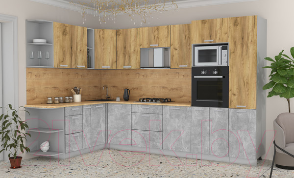 Изображение товара Кухонный гарнитур Интерлиния Мила Лайт 1.88x3.2 левая (дуб золотой/бетон/дуб бунратти)