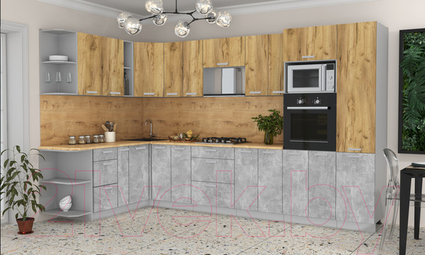 Изображение товара Кухонный гарнитур Интерлиния Мила Лайт 1.88x3.4 левая (дуб золотой/бетон/дуб бунратти)