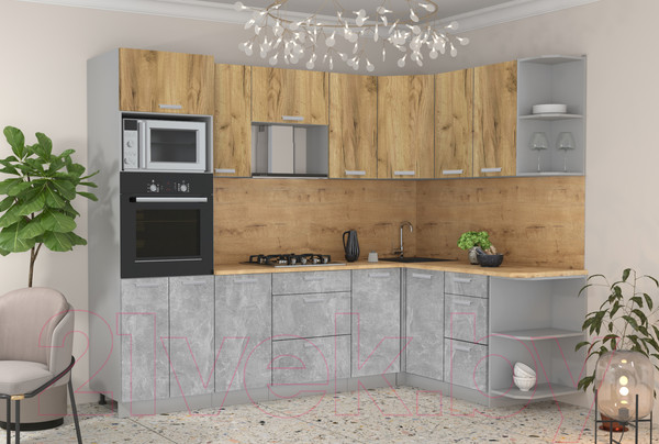 Изображение товара Кухонный гарнитур Интерлиния Мила Лайт 1.68x2.6 правая (дуб золотой/бетон/дуб бунратти)