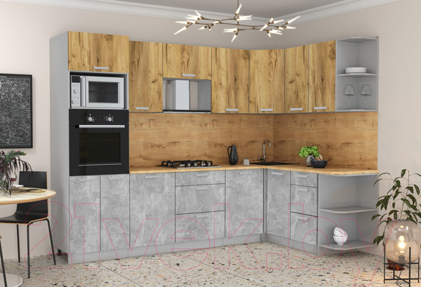 Изображение товара Кухонный гарнитур Интерлиния Мила Лайт 1.68x2.8 правая (дуб золотой/бетон/дуб бунратти)
