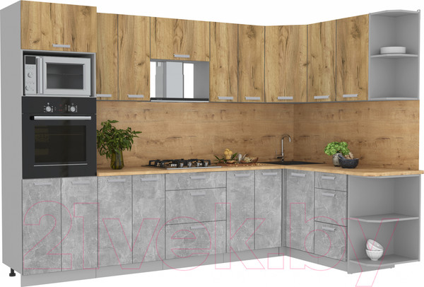 Изображение товара Кухонный гарнитур Интерлиния Мила Лайт 1.68x3.0 правая (дуб золотой/бетон/дуб бунратти)