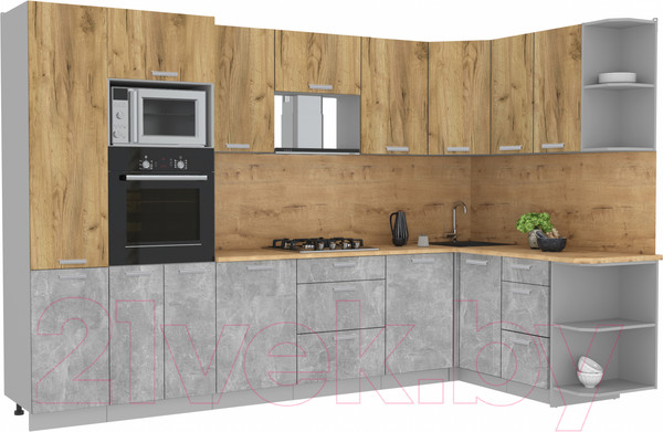 Изображение товара Кухонный гарнитур Интерлиния Мила Лайт 1.68x3.2 правая (дуб золотой/бетон/дуб бунратти)