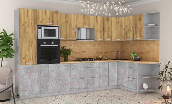 Изображение товара Кухонный гарнитур Интерлиния Мила Лайт 1.68x3.4 правая (дуб золотой/бетон/дуб бунратти)