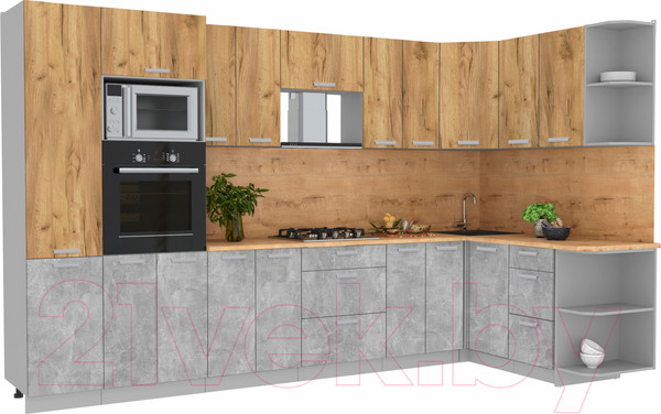 Изображение товара Кухонный гарнитур Интерлиния Мила Лайт 1.68x3.4 правая (дуб золотой/бетон/дуб бунратти)