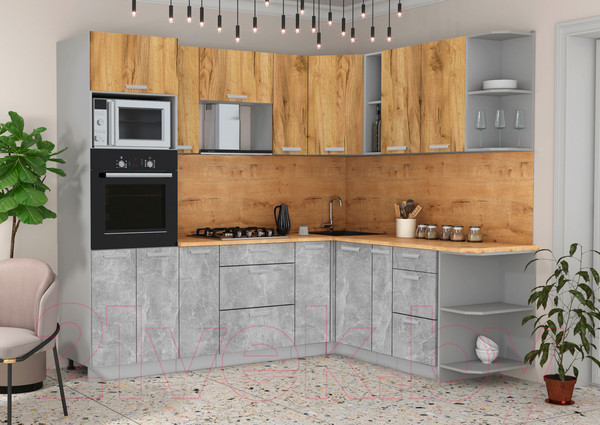 Изображение товара Кухонный гарнитур Интерлиния Мила Лайт 1.88x2.4 правая (дуб золотой/бетон/дуб бунратти)
