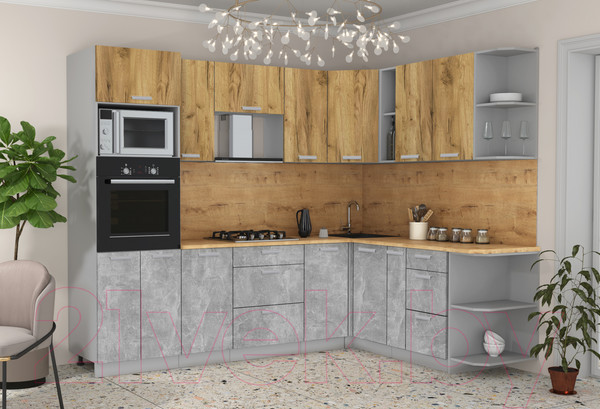 Изображение товара Кухонный гарнитур Интерлиния Мила Лайт 1.88x2.6 правая (дуб золотой/бетон/дуб бунратти)