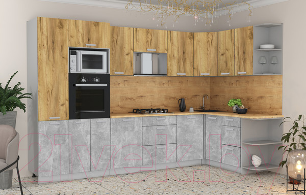 Изображение товара Кухонный гарнитур Интерлиния Мила Лайт 1.88x3.2 правая (дуб золотой/бетон/дуб бунратти)