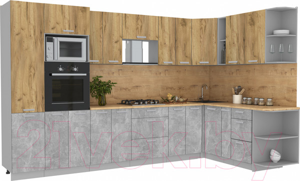 Изображение товара Кухонный гарнитур Интерлиния Мила Лайт 1.88x3.4 правая (дуб золотой/бетон/дуб бунратти)