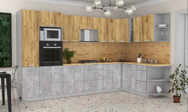 Изображение товара Кухонный гарнитур Интерлиния Мила Лайт 1.88x3.4 правая (дуб золотой/бетон/дуб бунратти)