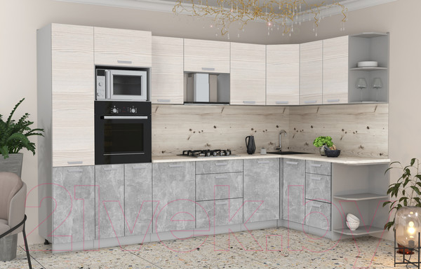 Изображение товара Кухонный гарнитур Интерлиния Мила Лайт 1.68x3.2 правая (вудлайн кремовый/бетон/бискайская сосна)