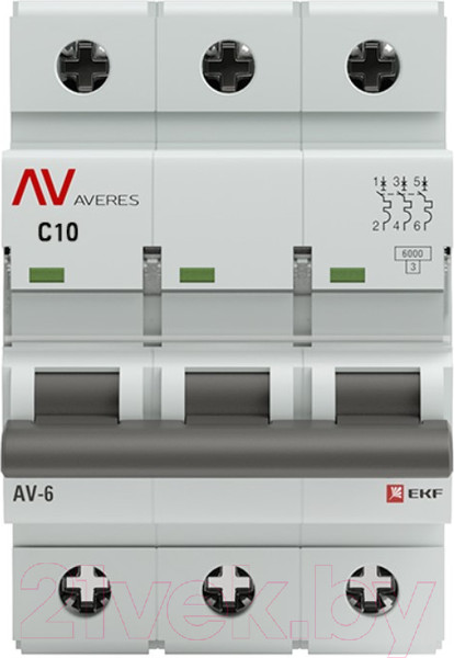 Изображение товара Выключатель автоматический EKF Averes AV-6 3P 10A (C) 6kA / mcb6-3-10C-av