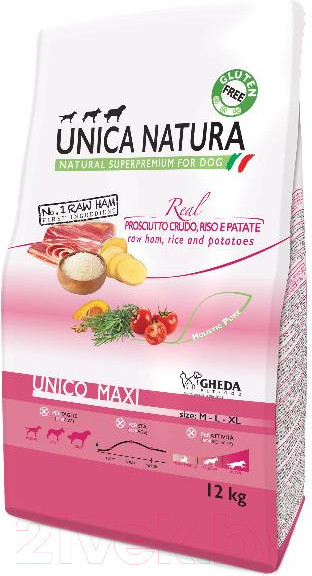 Изображение товара Сухой корм для собак Unica Natura Maxi ветчина, рис, картофель (12кг)