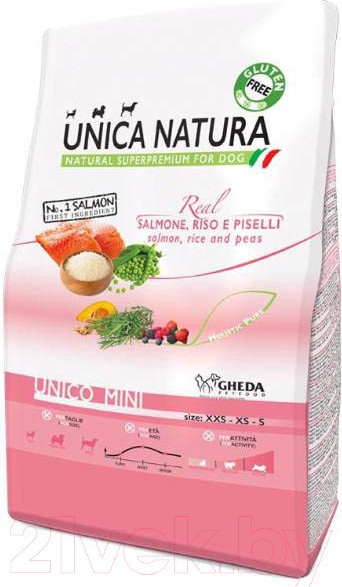 Изображение товара Сухой корм для собак Unica Natura Mini лосось, рис, горох (800г)