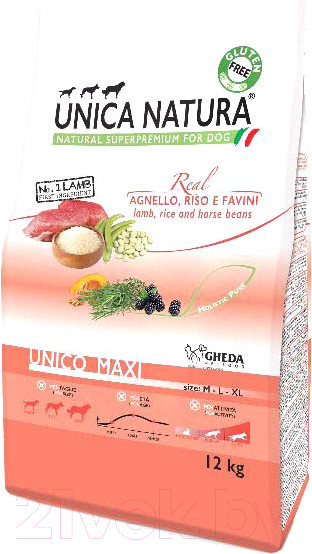 Изображение товара Сухой корм для собак Unica Natura Maxi ягненок, рис, бобы (12кг)