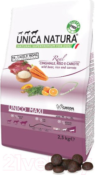 Изображение товара Сухой корм для собак Unica Natura Maxi кабан, рис, морковь (2.5кг)
