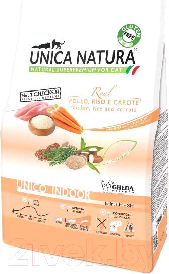 Изображение товара Сухой корм для кошек Unica Natura Indoor курица, рис, морковь (1.5кг)