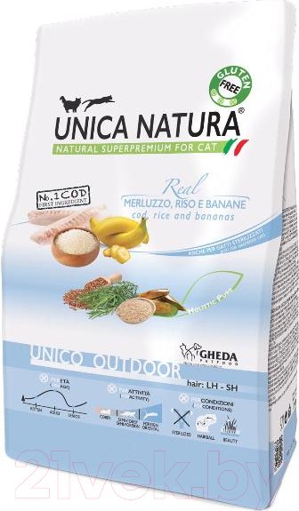 Изображение товара Сухой корм для кошек Unica Natura Outdoor треска, рис, банан (1.5кг)