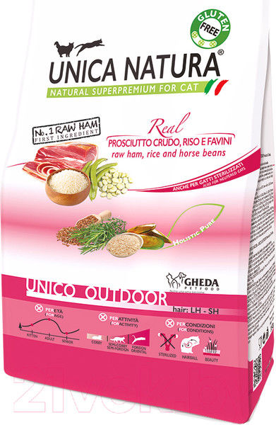 Изображение товара Сухой корм для кошек Unica Natura Outdoor ветчина, рис, бобы (350г)