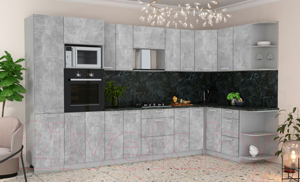 Изображение товара Кухонный гарнитур Интерлиния Мила Лайт 1.68x3.4 правая (бетон/бетон/кастилло темный)