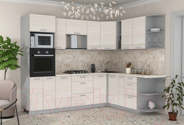 Изображение товара Кухонный гарнитур Интерлиния Мила Лайт 1.88x2.6 правая (вудлайн кремовый/вудлайн кремовый/опал светлый)