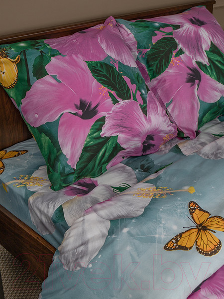 Изображение товара Комплект постельного белья Amore Mio Мако-сатин Bell Микрофибра Евро / 92990 (зеленый/розовый)