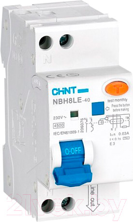 Изображение товара Дифференциальный автомат Chint NBH8LE-40 1P+N 16A 30mA С 4.5kA (R) / 206062