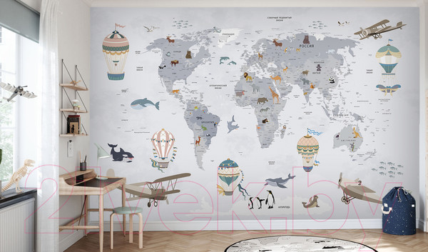 Изображение товара Фотообои листовые Vimala Карта мира белая (270x400)