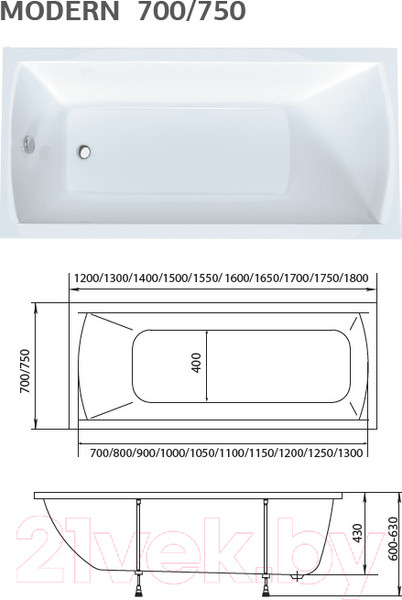 Изображение товара Ванна акриловая 1Марка Modern 170x70 (с ножками и экраном)